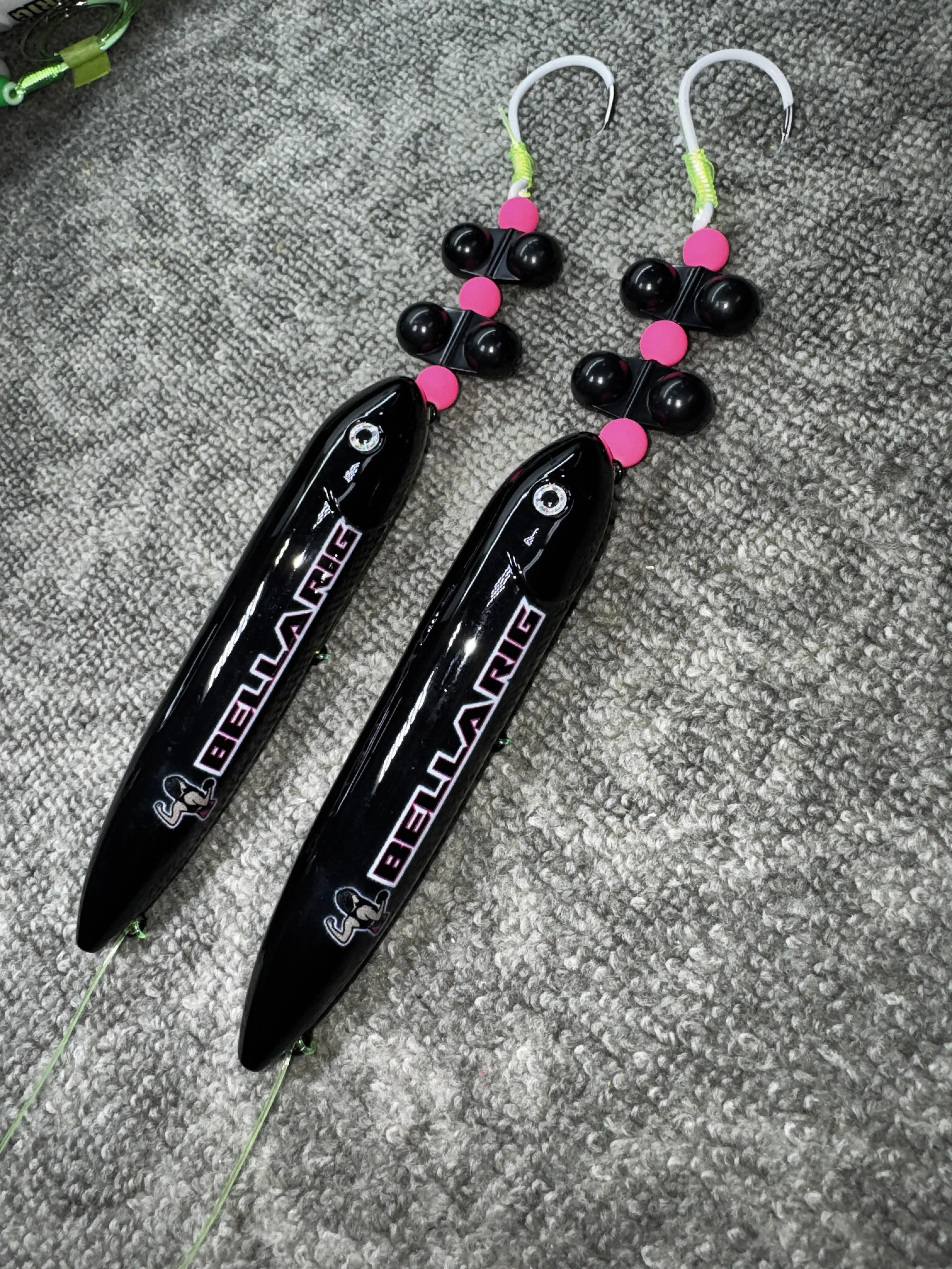 Bella 2 Pack:  Bella Rigs (13cm) tied on 6/0 white glow hooks and 80 pound yellow mono leader lines