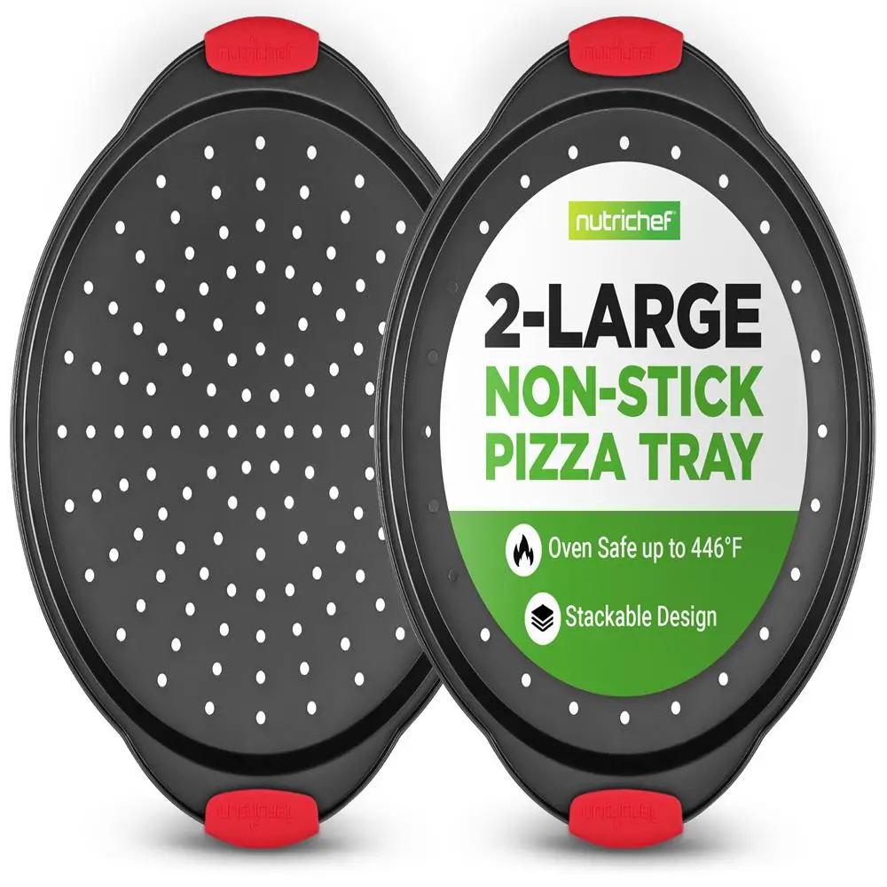 2-Piece Nonstick Pizza Tray Set - Gray | Carbon Steel Baking Pan with Silicone Handles - Heat Resistant 446°F, Dishwasher Safe & PFOA/PFOS/PTFE Free - Kitchen Bakeware Accessory