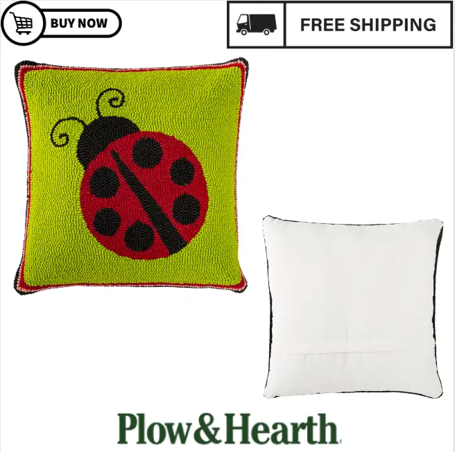 Indoor/Outdoor Hooked Polypropylene Ladybug Throw Pillow - Free Shipping