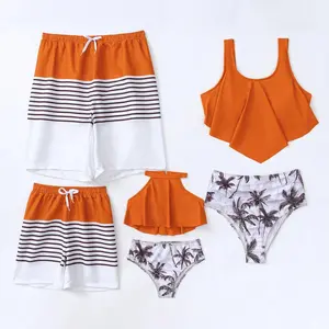 Trendy Family Matching Swimsuit, Tree Print Sleeveless Bikini Set Striped Swimming Trunks Bathing Suit，Cool Sundress