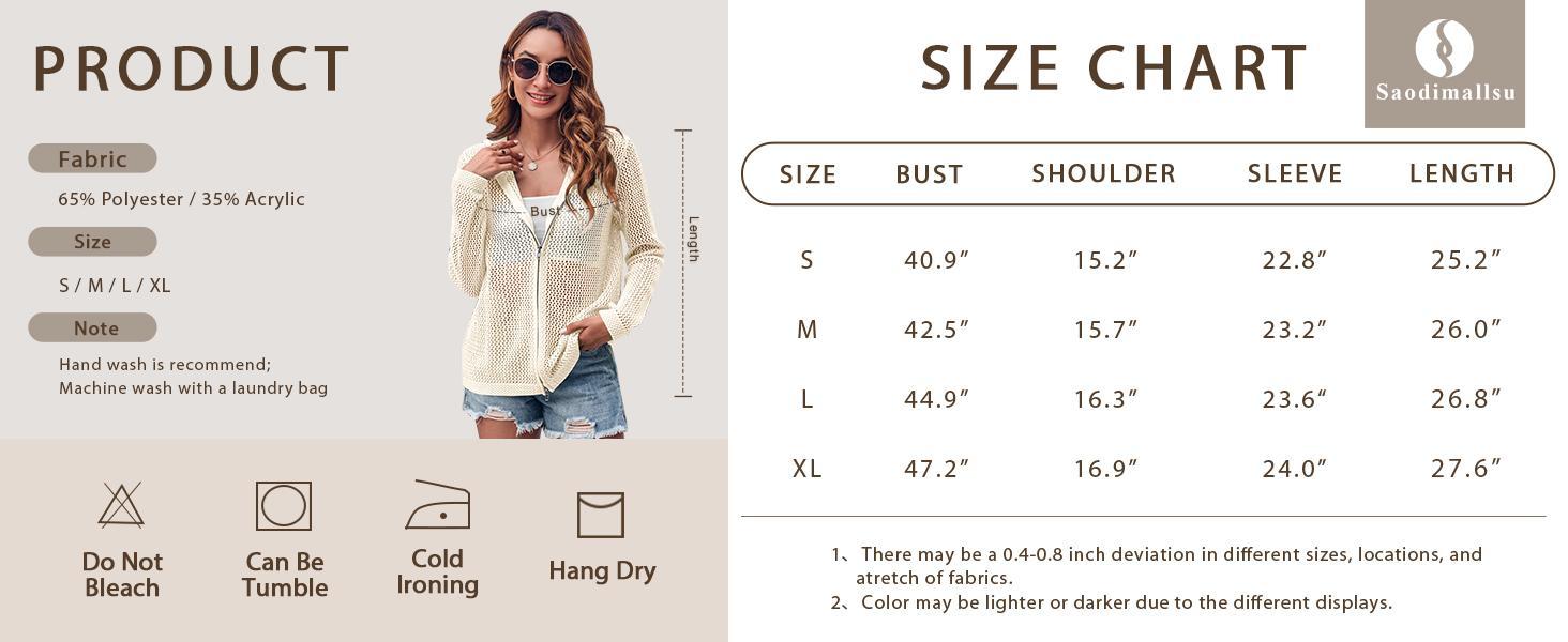 Saodimallsu Women's Crochet Lightweight Cardigan Zip Up Hooded Long Sleeve Knit Sweater Mesh Beach Swim Cover Up for Summer SpringStatements Swimsuit Coverup