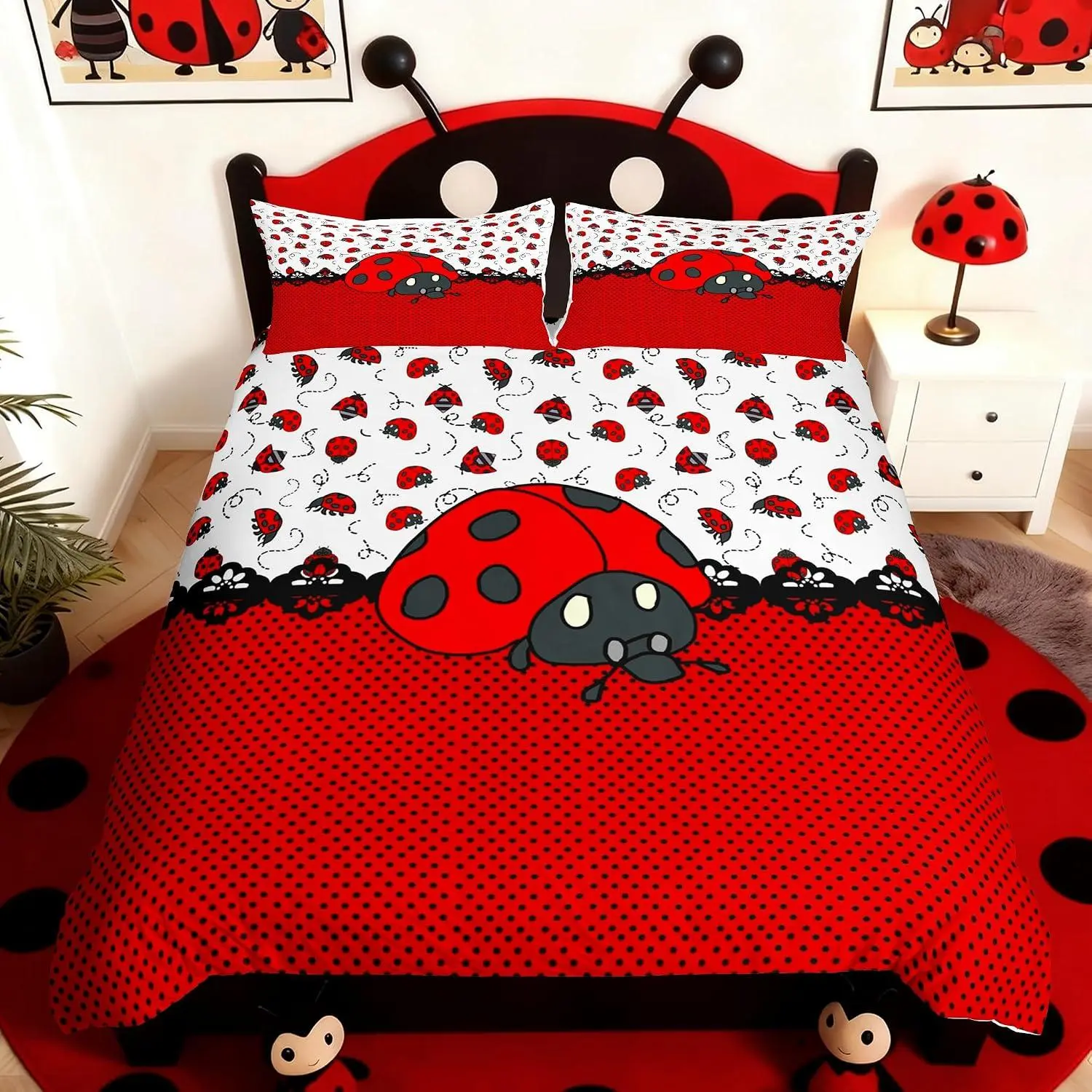 Cute Ladybugs Duvet Cover Set,Red Black Entomology Dots Bedding Set Women Room Decor,Cartoon Animals Comforter Cover Vivid Natural Quilt Cover