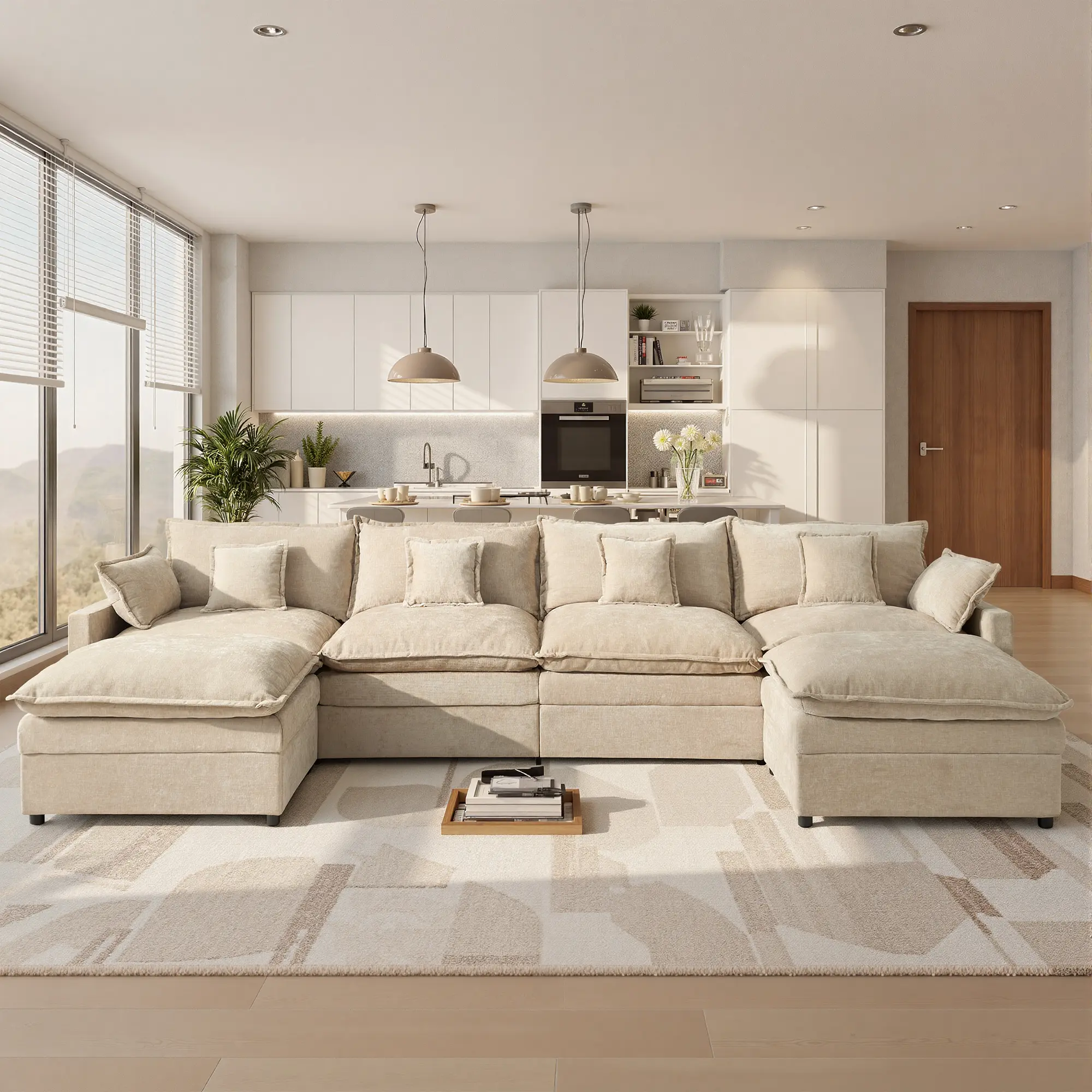 【2/3 Packages Shipping】Ovios 143" U-Shaped Modular Sectional Sofa with 2 Ottomans, Comfy Chenille Cloud Couch, Deep Seat Sofa Bed with 5 Pillows for Living Room, Bedroom & Apartment