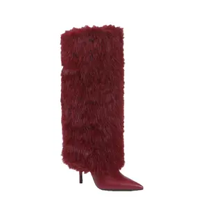 Autumn Winter Elegant Female Party Prom Dress Shoes Stilettos Sexy Fluffy Fur Knee Length Boots Long Boots