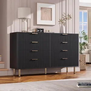 【Christmas Gift】6 Drawer Dresser for Bedroom Fluted 55 inch Wide Modern Chest of Drawers with Deep Drawers Wooden Dresser Organizer for Living Room Hallway Kids Room Black