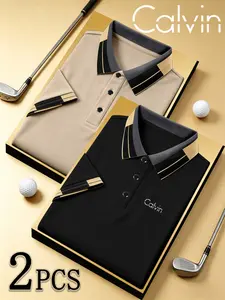Men's Calvin Logo Print Polo Shirt, Fitted Casual Geometric Pattern, Breathable Stretch Fabric, All Seasons Comfortable Wear