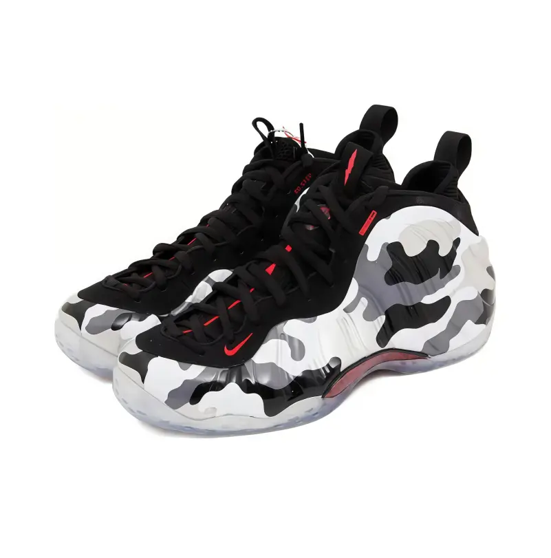 Unique textured wavy camo foam shell mid-top athletic shoes paired vivid red trim, clean white-gray base with red pops creates striking hip-hop street styling