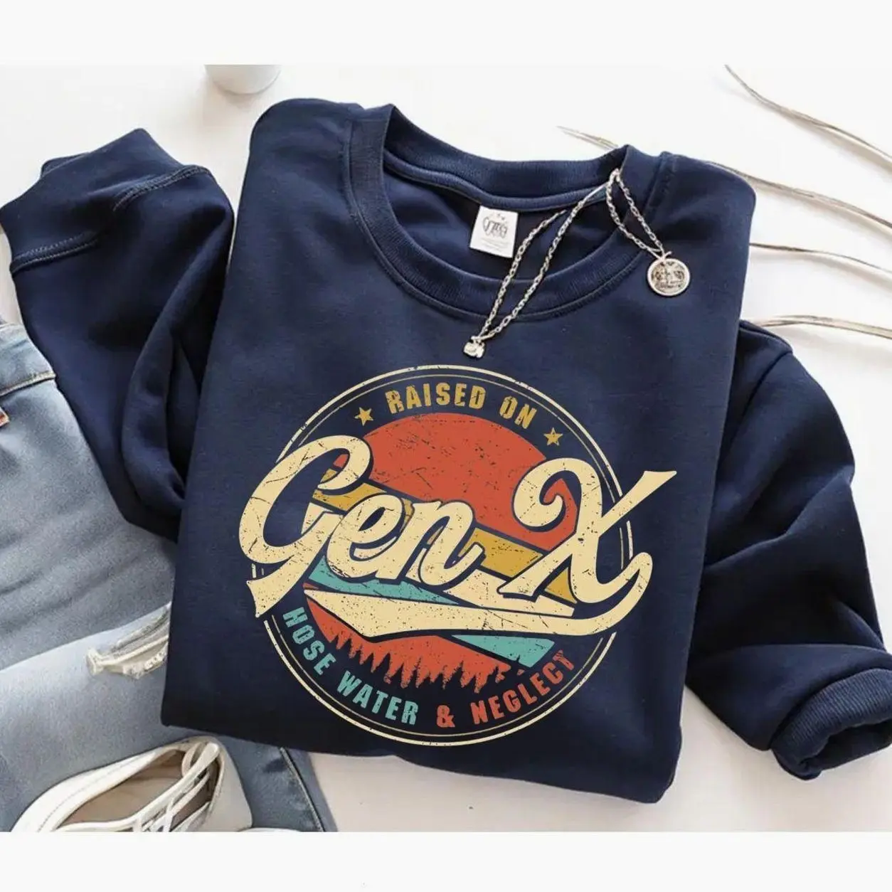 Raised on Gen X Hose Water & Neglect Funny Retro Vintage Sweatshirt, Nostalgic Humor Pullover for Men & Women, 80s 90s Generation X Trendy Christmas Gift for Gen Xers  Crewneck Oversized