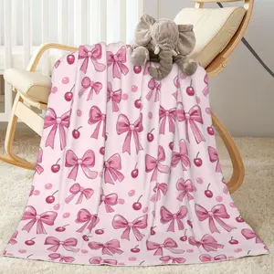 Baby Blanket Pink Bow Pattern Cherry for Boy Girl Newborn Toddler Infant Nursery Throw Blankets Double Layer Comfy Soft Plush Stroller Crib Quilt