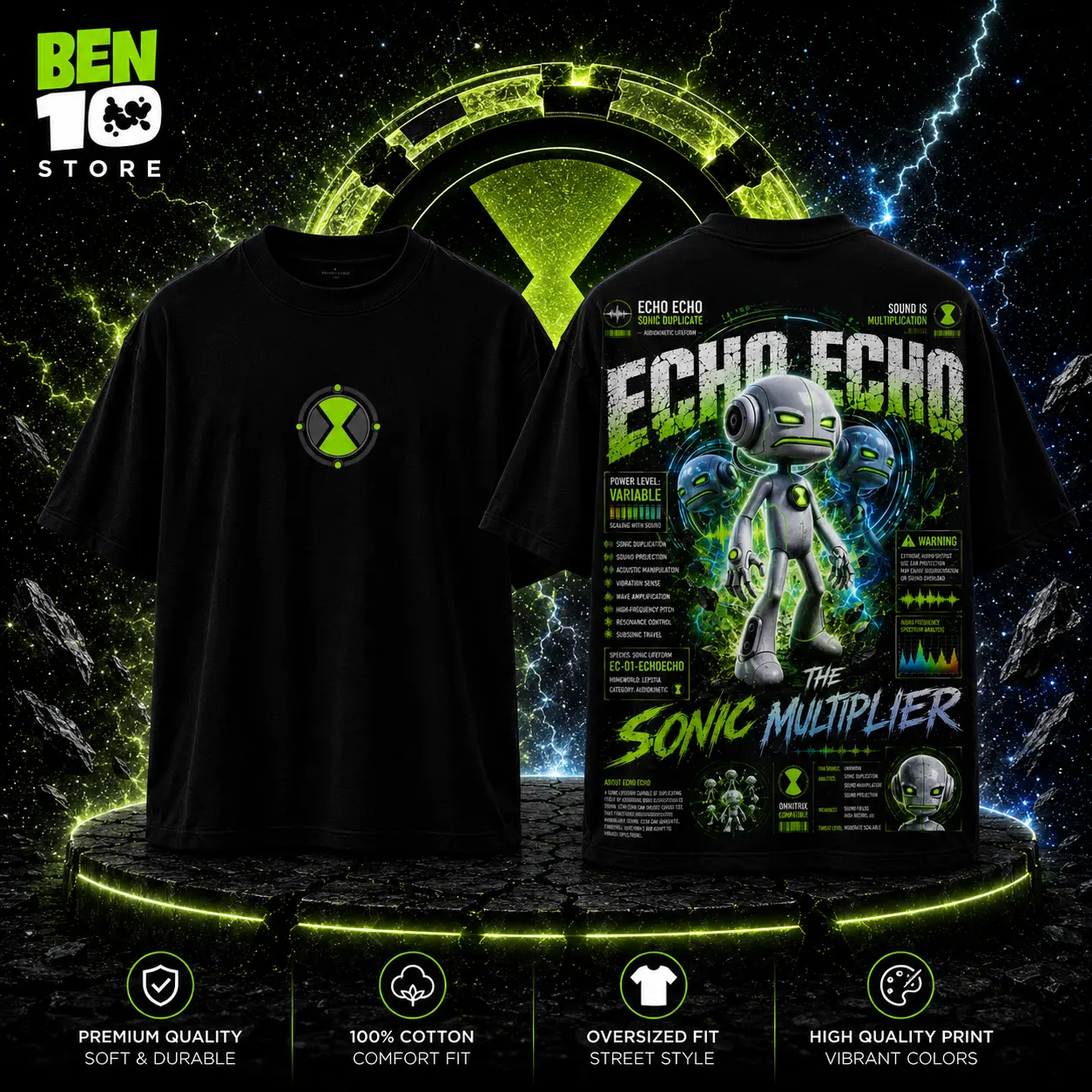 Ben 10 Ultimate –  Echo Echo The Sonic Multiplier Heavy Cotton T-Shirt – Retro 90s TV Series, Movie & Game Superhero Vintage Graphic Tee, Classic Comic Style Unisex for Fans & Collectors