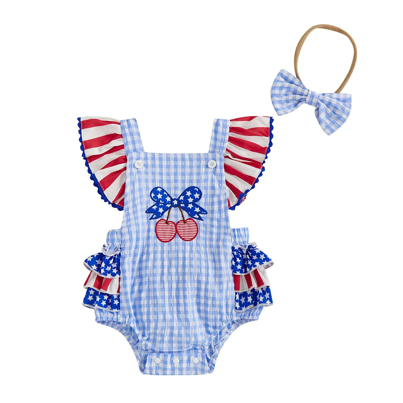 4th of July Outfit Baby Girl Gingham Bubble Romper Infant Cherry Stars Striped Ruffles Onesie Bodysuit Patriotic Memorial Day Clothes