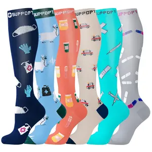 6 Pairs Compression Knee-High Socks for Women & Men – Breathable Moisture-Wicking Calf Support, Cozy Stay-Put Fit, Stylish Patterned & Dots Design, Ideal for Running, Travel, Work & Everyday Comfort Pastel Flower