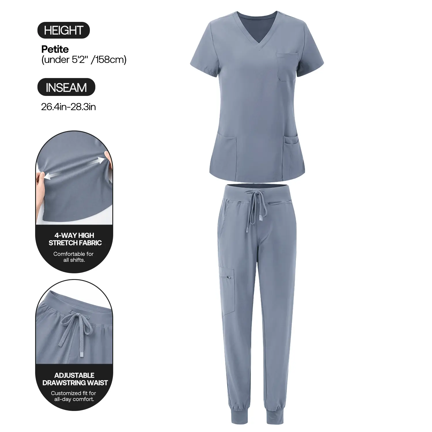 COZSCRUBS  Women Petite Scrubs Set, Stretch V‑Neck Scrub Top & Jogger Pants with 9 Pockets, Yoga Waistband Water Resistant Slim Fit Medical Work Uniform for Nurses Clinic Long‑Shift Daily Wear, Petite