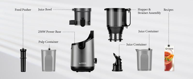 GDOR Cold Press Juicer with 5.3" Wide Feed Chute 150NM Powerful Motor Slow Masticating Extractor High Juice Yield Easy to Clean Fits Whole Fruits & Vegetables Black