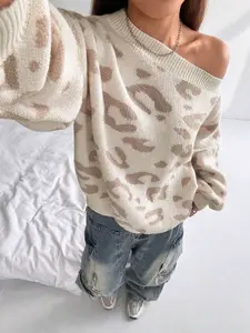 Women's Off the Shoulder Leopard Print Long Sleeve Pullover Sweater, Autumn/Winter Casual Cute Loose Fit Sweater Top, Women Fall Outfit, Winter Sweater for Women, Cute Knitwear Women