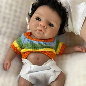 10Inch Handsome Dark Skin Baby Boy Reborn Dolls 3D Painted Full Body Soft Solid Silicone Reborn Dolls with Rooted Curly Hair