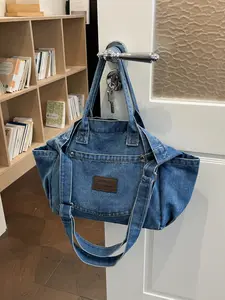 2026 New Vintage Washed Denim Large Capacity Tote Bag, Letter PU Leather Patch, Casual Crossbody Shoulder Bag, All Seasons