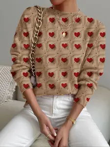 Women's Knitted Sweater Heart Print Valentine's Day Gift, Casual Elegant Daily Wear, Perfect for Holiday & Special Occasions, Knitwear