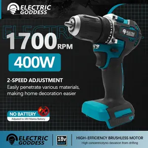 ELECTIC GODDESS electric brushless Cordless Drill Driver 1/2 inch dual function handheld drill suitable for Makita 18v battery, high power 400w, 1700rpm, home decoration industrial maintenance handheld drill impact drill