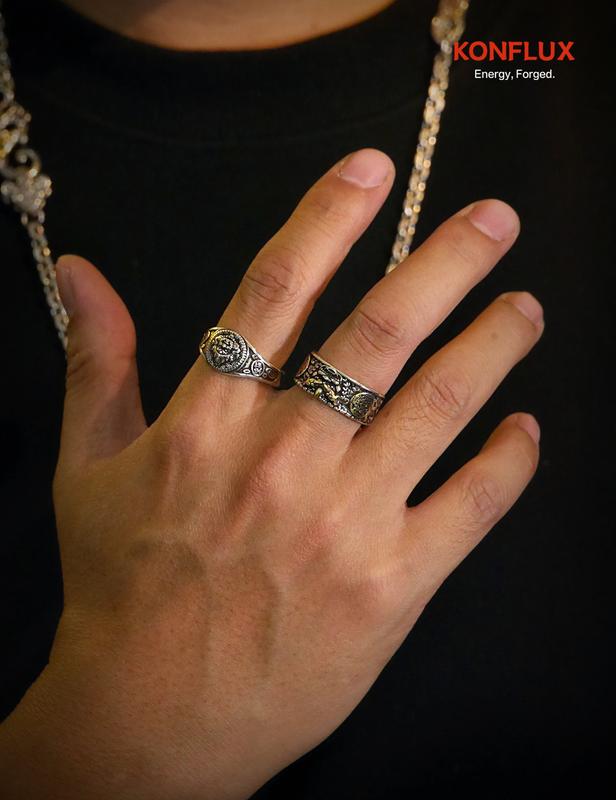 KONFLUX Pi Xiu Huang Caishen Ring Set Wealth Gods Duo Chinese Mythology Jewelry Gift Set For Men Business