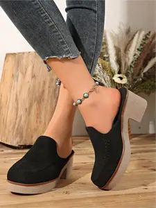 Women's Retro Thick Sole Slip on Mules, Suede Chunky Heel Closed-Toe Half Slides, American Western Style Outdoor Sandals
