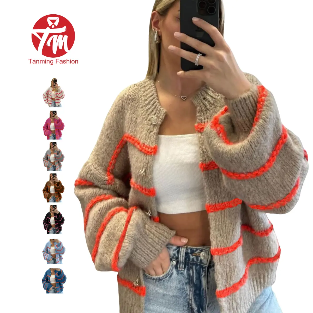 Tanming Women's Striped Cardigan Sweaters Casual Open Front Long Sleeve Button Down Knit Outwear