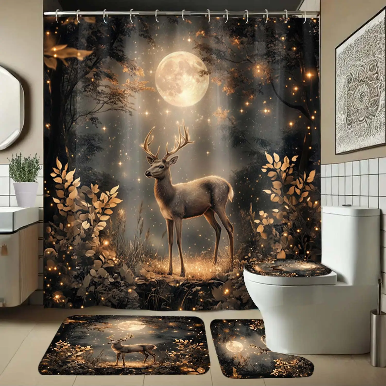 Fashion Deer Pattern Bathroom Set, Includes Soft Shower Curtain, Mat, Toilet Seat Cover, Elegant Decoration, 1/4 Piece Bath Ensemble, Shower Curtain Sets