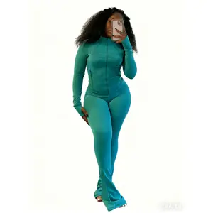 2025 New Women's Sexy Tight Long Sleeve Flare Two Piece Set Sport Casual Outfit Set