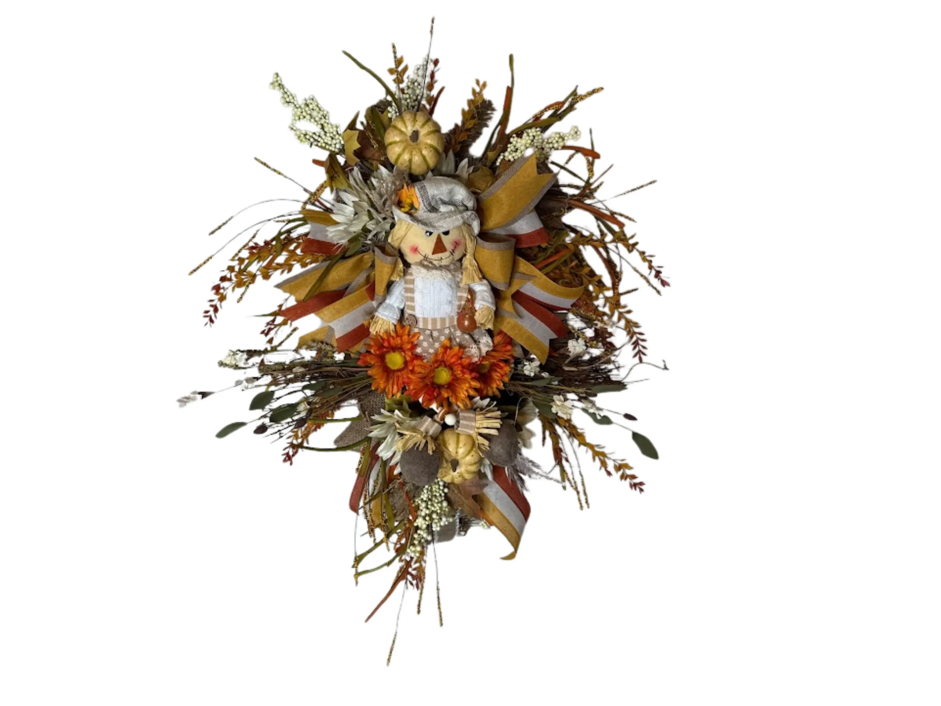 Scarecrow Fall Wreath with Pumpkins Rustic Autumn Front Door Décor Harvest Thanksgiving Wreath Farmhouse Country Style Halloween Decor