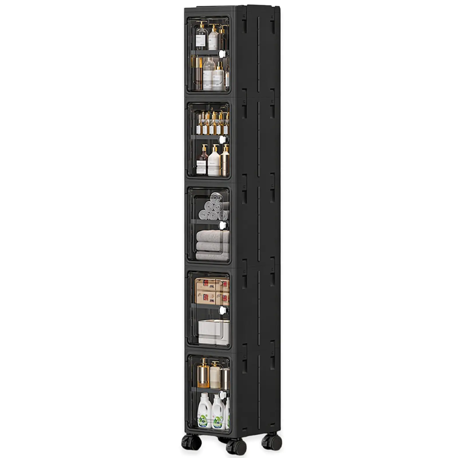 5-Tier Modern Adjustable Rectangle Plastic Storage Organizer Unit Set with Wheels, Dustproof Lids, Collapsible Cube Boxes - Home, Office Organizing Solution, Cube Box, Multi-Tiered