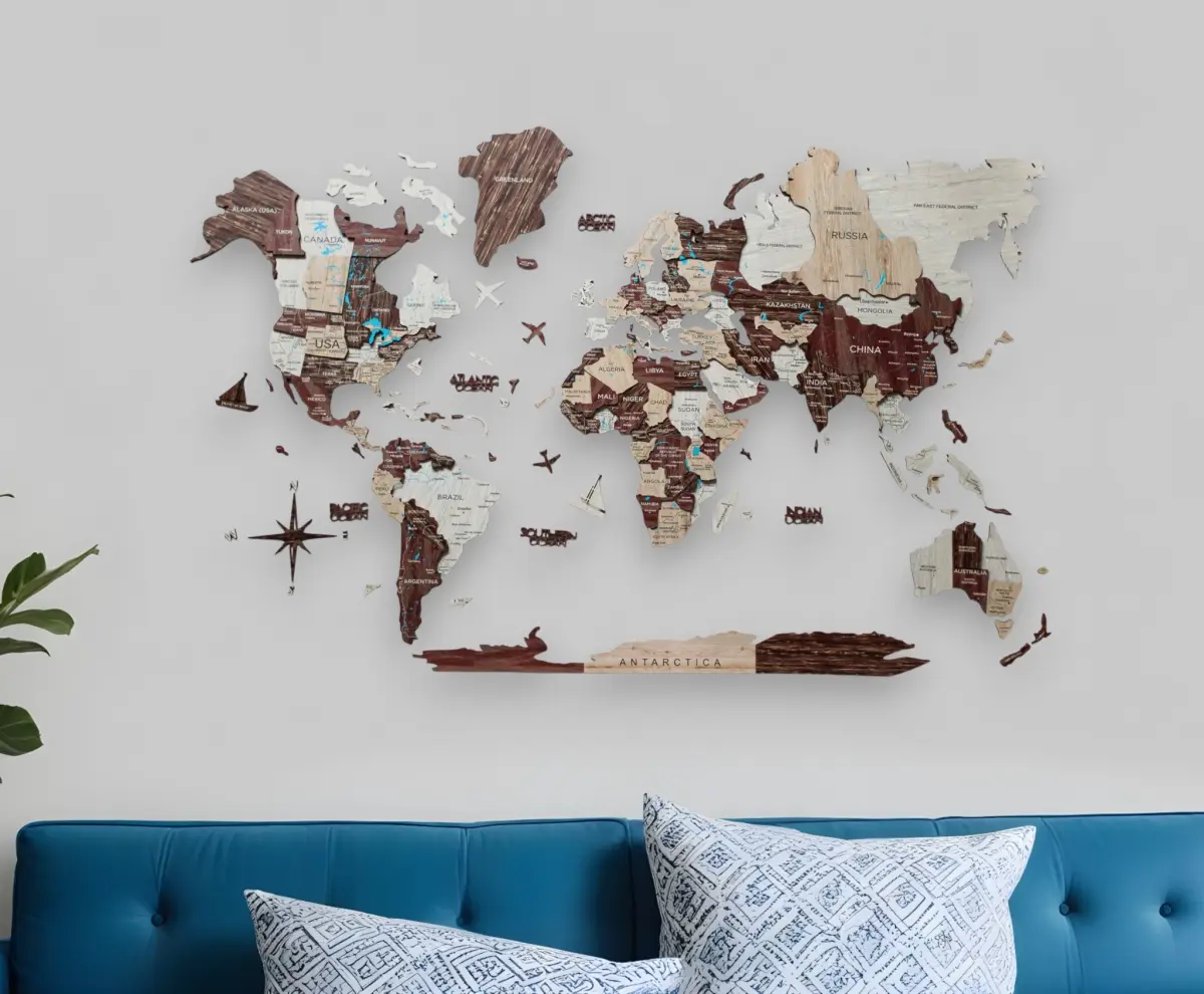 212 MAIN 3-Dimensional Hangable Wooden World Map Wall Ornament - 35x59in Brown-Beige Horizontal Colorful Wall Hanging Backdrop, Home Decoration for Lounge Area, Living Room, Wall Ornaments, Kid Room