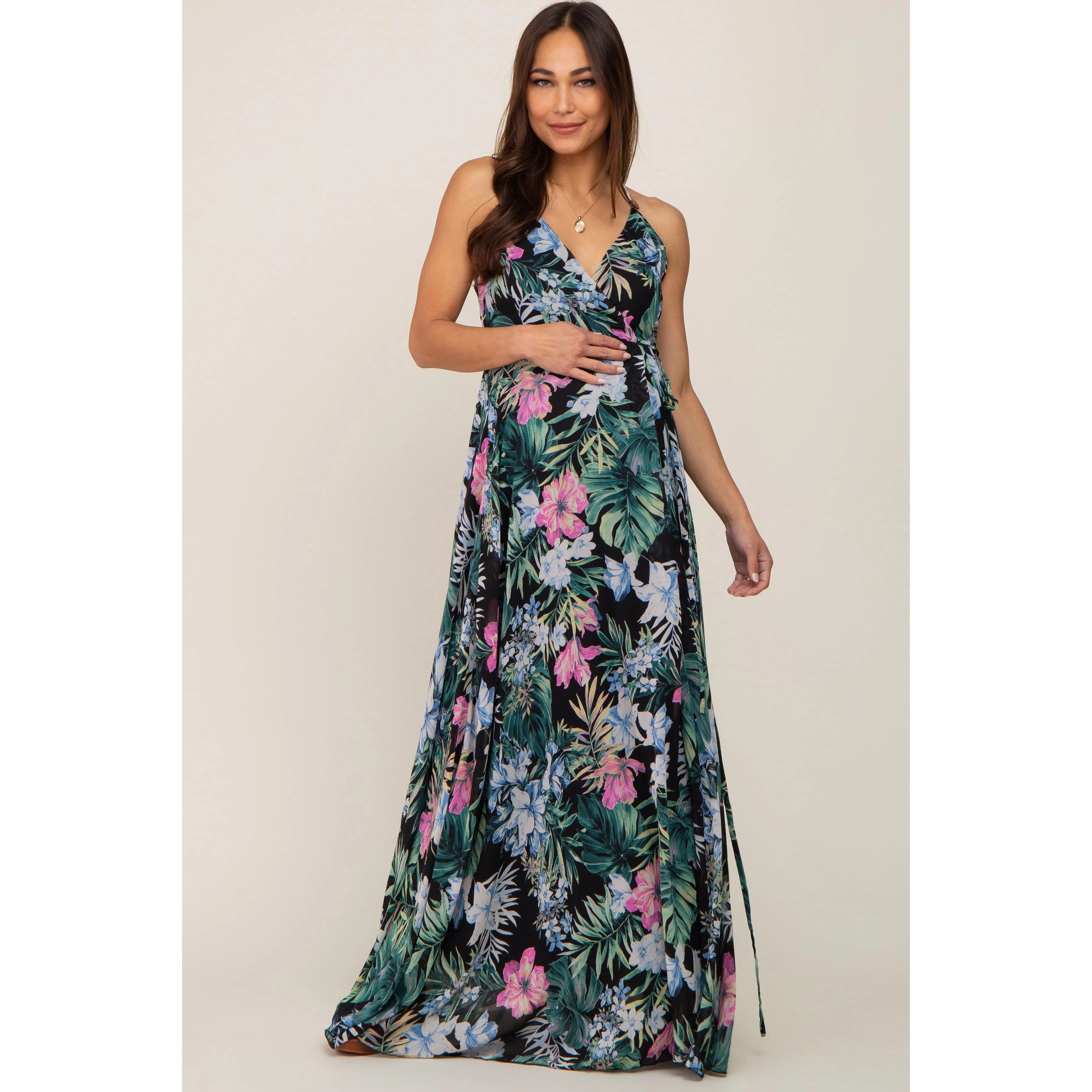 sachin and babi light blue dress Black Tropical Floral Chiffon Wrap Front Maternity Maxi Dress