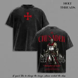 Holy Threads Crusader Defender of Faith Vintage Washed Oversized T-Shirt, 2 Timothy 1:7 Scripture Knight Graphic Tee, Heavy Cotton Medieval Christian Streetwear Top, Unisex Dark Gothic Warrior Shirt