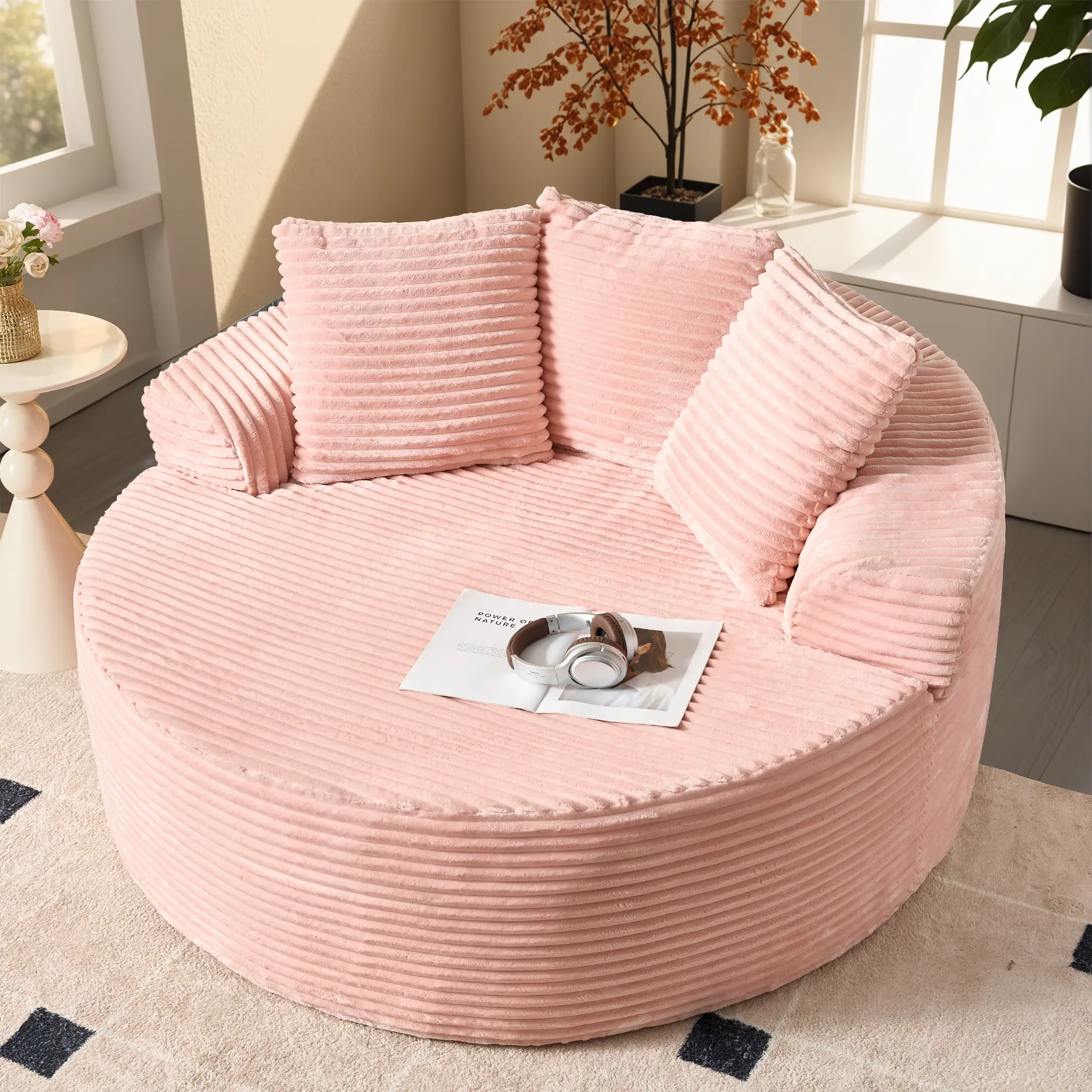ALLWEX 58" O-Shaped Modular Sofa, Convertible Lazy Sofa Bed for Bedroom & Living Room, Cozy Corduroy Round Lounge Chair, No Installation, Sofas Living Room