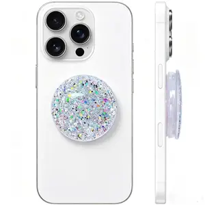 Extendable phone stand with transparent, sparkling starry crystal (starry silver), suitable for foldable phones and tablets.