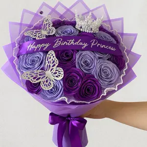 Ramo de Rosas Eternas Morado Purple Eternal Roses Bouquet with Butterfly Accents and Happy Birthday Princess Ribbon