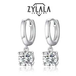 Round Sparkling Synthetic Moissanite Decorative Hoop Earrings, 925 Sterling Silver, Delicate Women’s Gift for Everyday Casual Wear