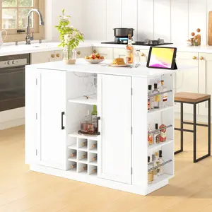 ARCH U_Style 47.2" Kitchen Island with Drop Leaf & Power Outlet, Wine Bar Cabinet with Bottle Rack & Glass Holder, Coffee Bar, 2-Door Buffet Sideboard with Side Shelves, Melamine MDF