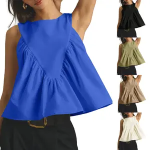 Kingapril Womens Sleeveless Peplum Top Swing Tank Loose Fit Back Button Casual Blouse Ruffled Shirts
