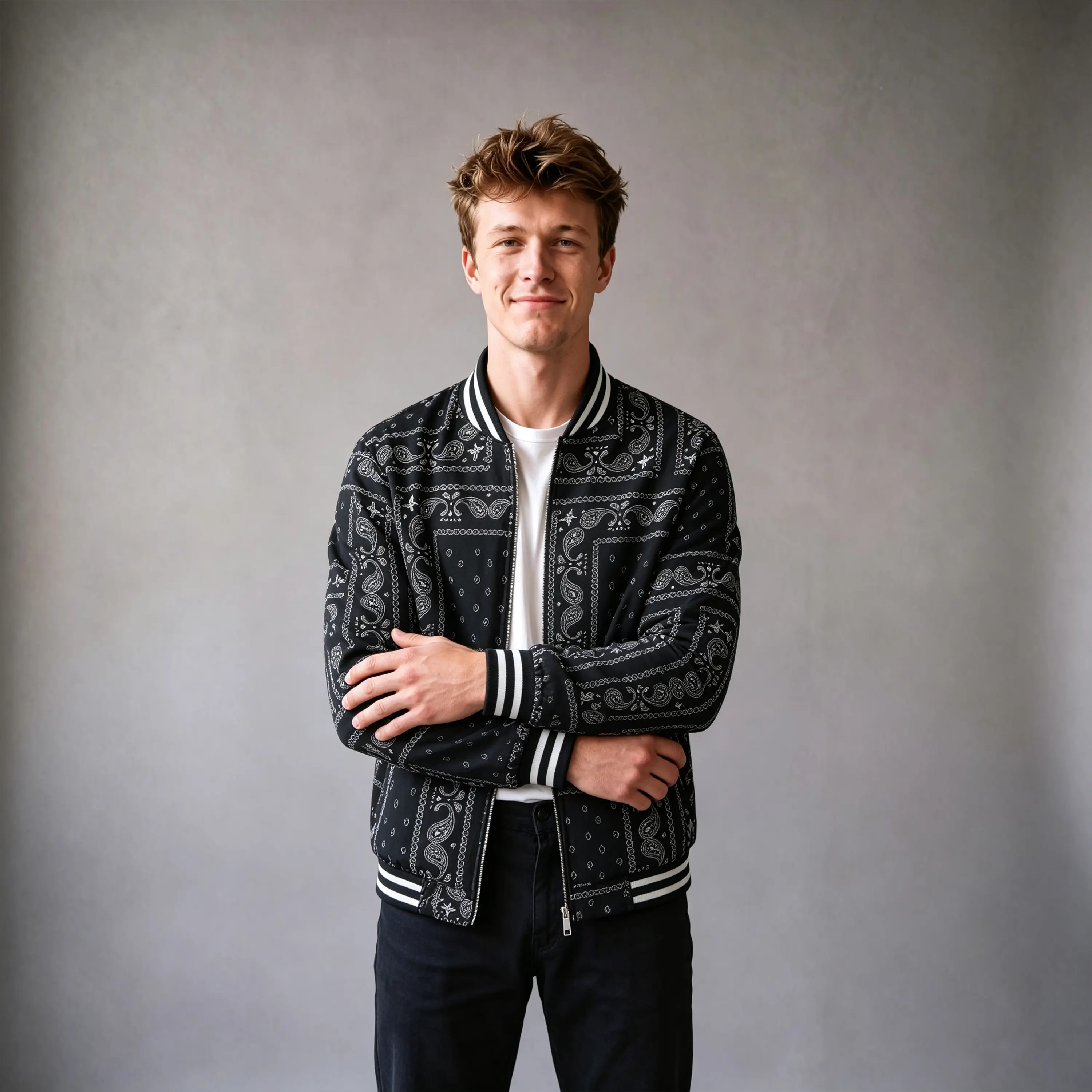 Men’s bandana varsity bomber jacket with paisley print, ribbed collar and cuffs, full-zip casual streetwear coat