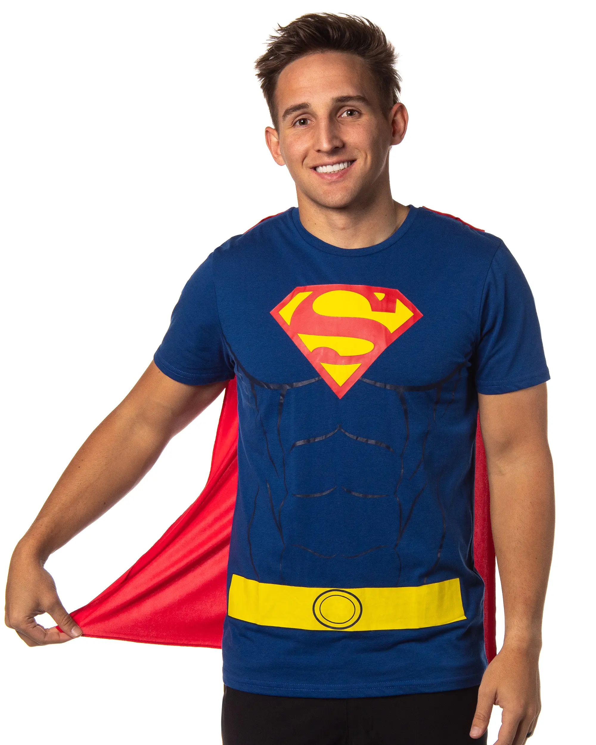 DC Comics Men's Superman Costume S Logo Superman Shirt With Detachable Cape Cosplay Tee