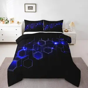 Black Cobalt Print Comforter Set Hexagonal Bedding Cover ,Honeycomb Comforter Beehive Simplistic Geometric Bedroom Collection