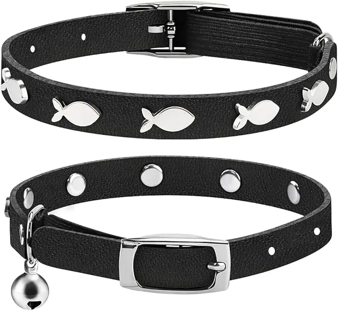 Joansan Adjustable Elastic Collar & Harness Set for Small Kittens - Sleek Black Artificial Leather, Bell, Fish Pendant, Diamond & Moon Rivets, 7-10 in Fit Range, 2-Pack, Hand Wash Only, Tiny Puppies Compatible, Collars & Harnesses