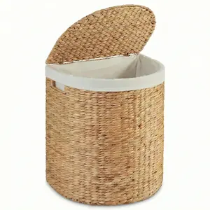 DEILSY Natural Half Moon Water Hyacinth Wicker Laundry Basket with Removable Liner and Lid,  Handwoven Wicker Hamper with Handles for Bathroom, Bedroom, or Laundry Room