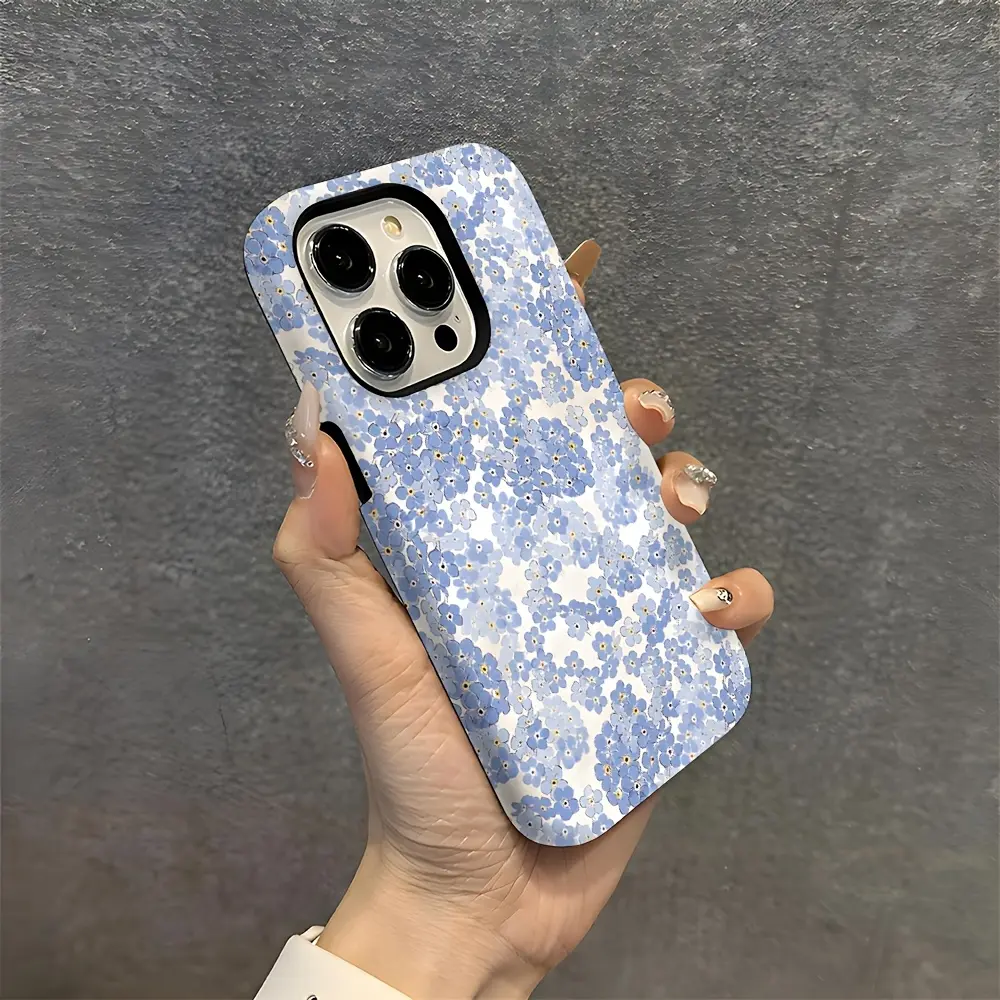 Stylish double-layer protective case with a small blue flower pattern. Durable 2-in-1 design, compatible with iPhone 17/16/15/14/13/12/11 Pro Max/Plus/Pro, and Samsung Galaxy S25/S24/S23 Ultra series. Ideal for couples and stylish phone cases.
