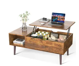 x Adjustable Height Wooden Coffee Table with Hidden Compartments and Shelves - Perfect for Small Homes, Apartments, Reception Rooms, Rust Brown