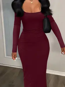 Women's Solid Color  U Neck Basic Fitted Bodycon Dress, Casual Fashion Long Sleeve Dress for Daily Outdoor Wear, Ladies Clothes for All Seasons