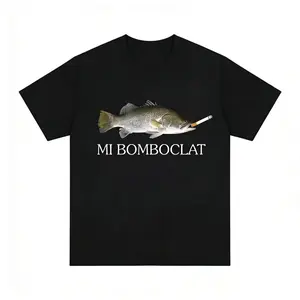 Men's Funny "Bomb Defusing Fish" Graphic T-Shirt - Vintage Harajuku Style Short-Sleeve Tee with "Mi Bomboclat" Print, Black Casual Streetwear