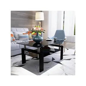 New 2024  Glass Rectangle Modern Side Coffee Table With Lower Shelf Perfect For Living Room Conversation Leisure Ocns Metal Leg Home Decor Ideas