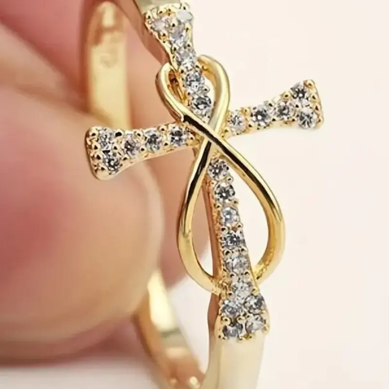 Fashion Golden Women's Cross ring, Elegant ring, wedding promise rings, Christmas, Valentine's Day and New Year gifts, Women's Wedding Banquet Accessories, Fashionable Jewelry, Wedding Engagement Jewelry